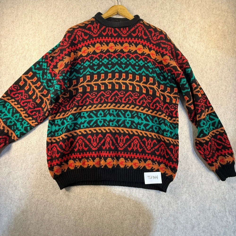 Vintage Potomac Sport Mens Large Italy Wool Blend Fair Isle Sweater Black
